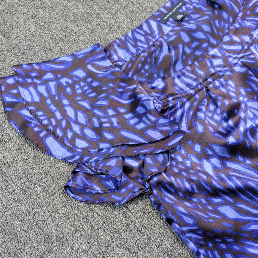 Banana Republic Y2K 100% Silk Blouse XS Blue Brown Abstract Flutter Sleeve Top - Picture 2 of 9